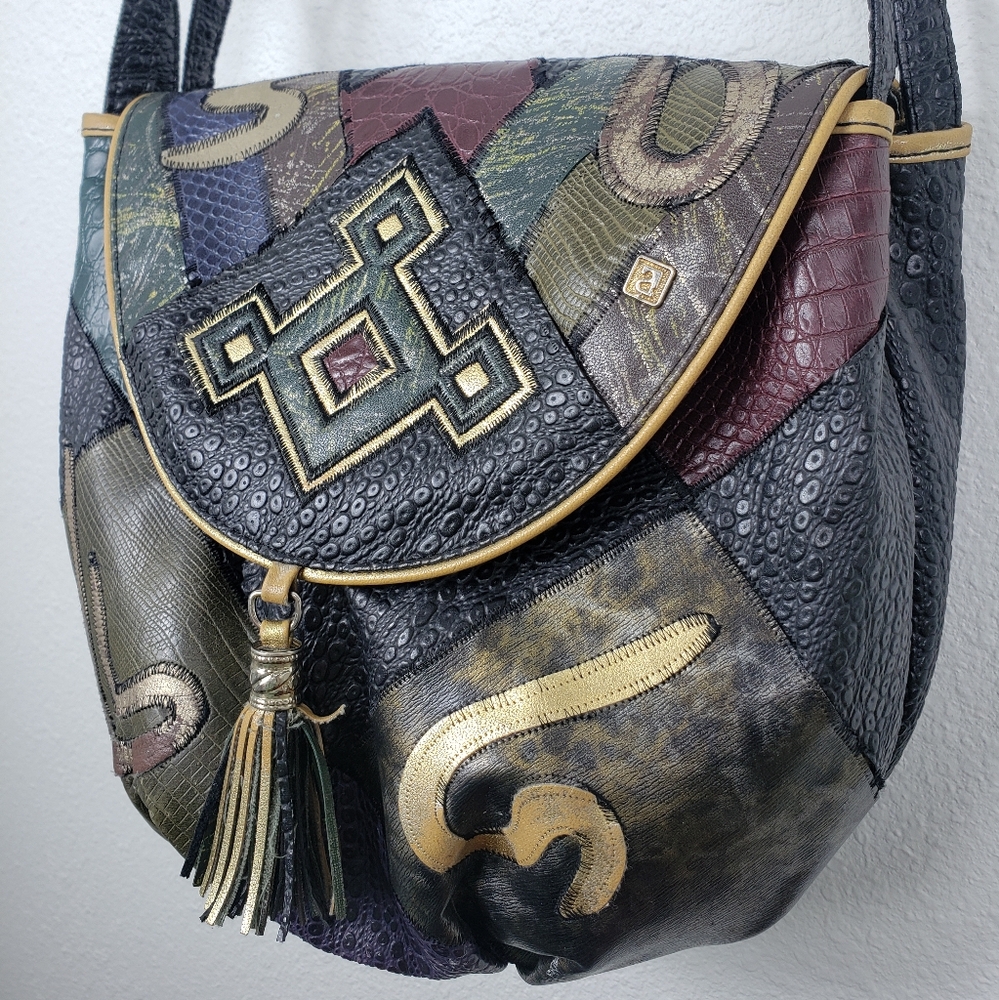 Vintage NAS Patchwork Faux Leathear Shoulder Crossbody Bag Made in Korea - Picture 3 of 7